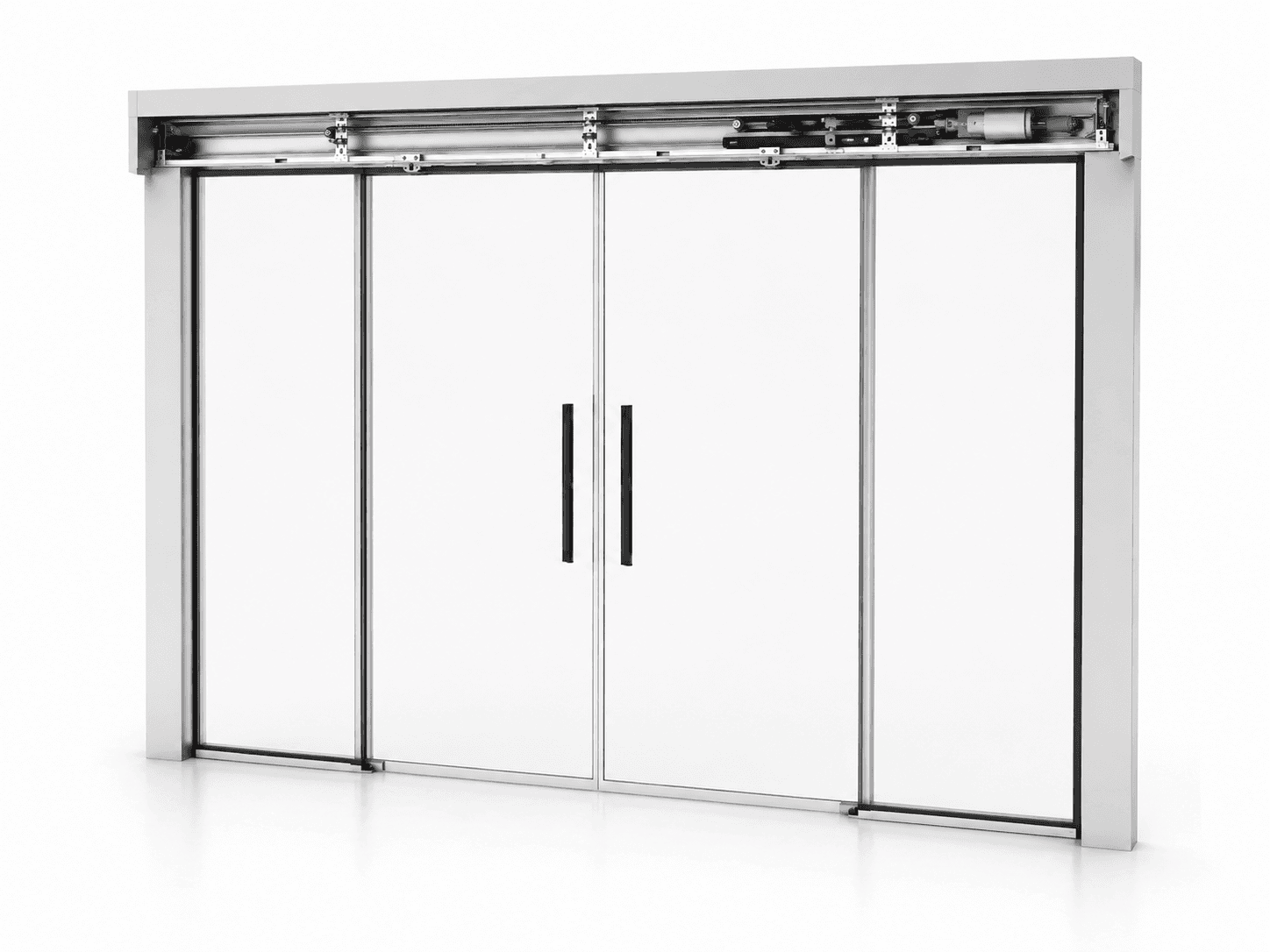 Porta de correr automática com sistema antipânico em operação normal: quatro folhas de vidro sob o cabeçote de alumínio, com o mecanismo de trilho, correia e motor à vista